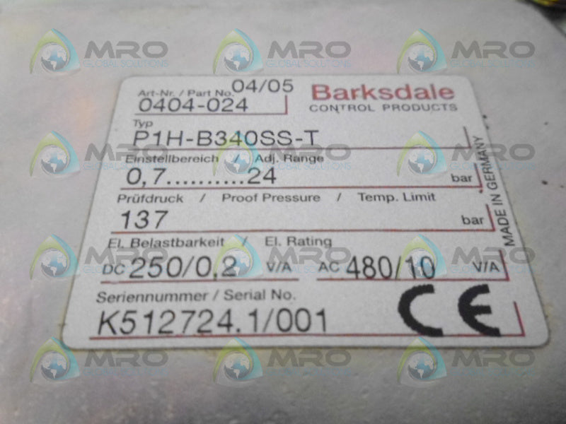BARKSDALE P1H-B340SS-T PRESSURE SWITCH NSMP