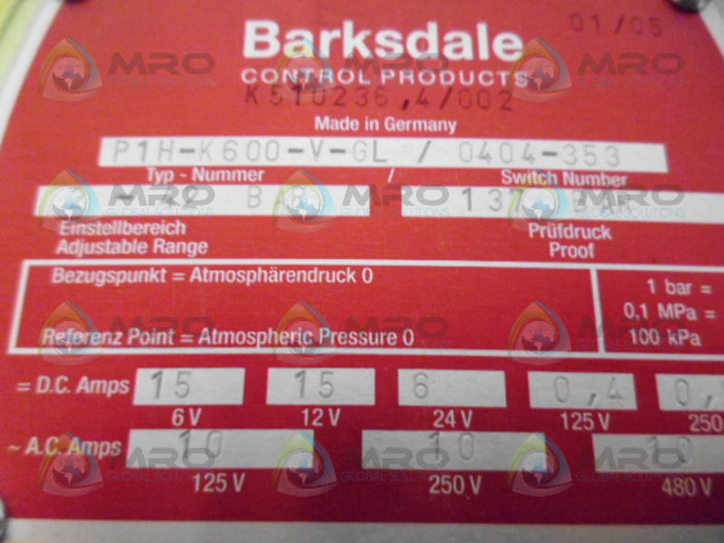BARKSDALE P1H-K600-V-GL SWITCH NSMP