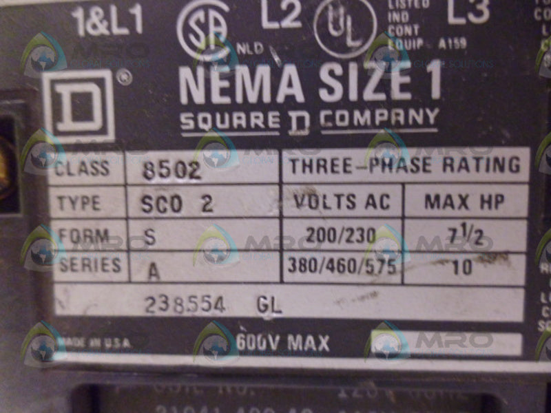 SQUARE D 8502SC02 CONTACTOR UNMP