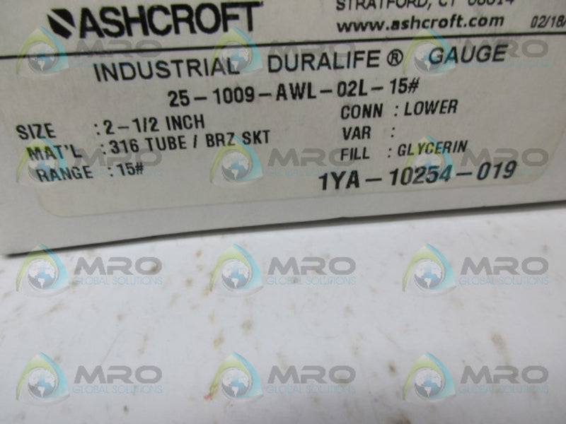 ASHCROFT 25-109-AWL-02L-15# PRESSURE GAUGE NSNP IN BNOX