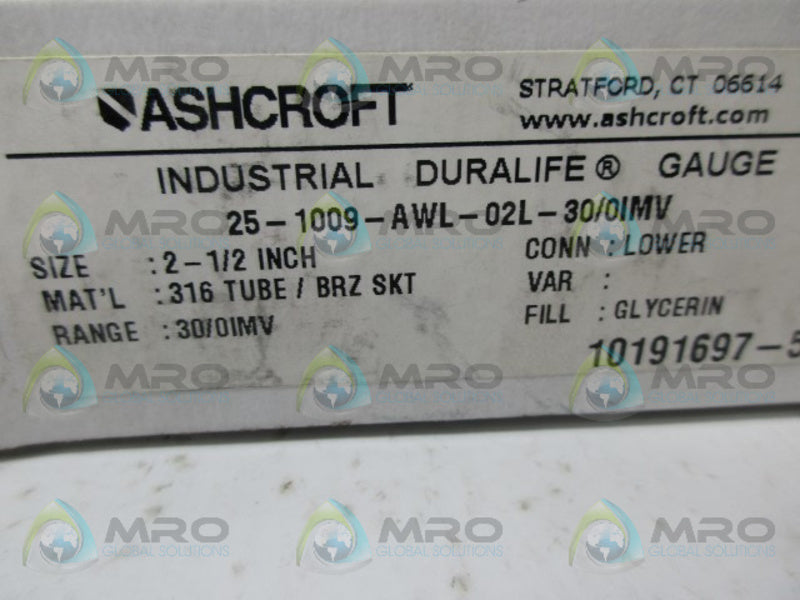 ASHCROFT 25-1009-AWL-02L 30/0IMV PRESSURE GAUGE NSMP