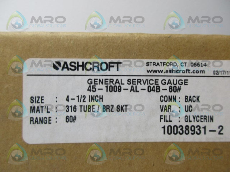 ASHCROFT 45-1009-AL-04B-60# PRESSURE GAUGE NSMP