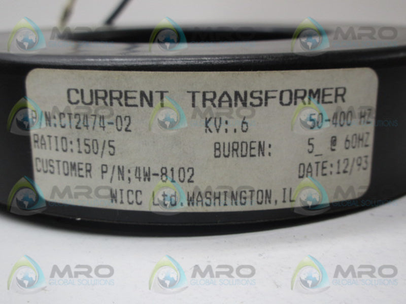 WIPCC LTD. CT2474-02 CURRENT TRANSFORMER RATIO 150/5  NSNP