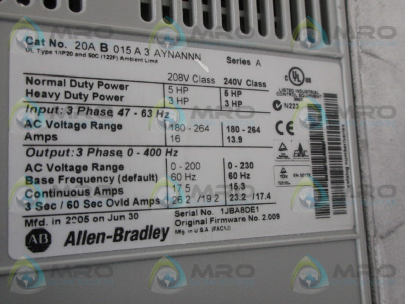 INDUSTRIAL SPARE PART POWERFLEX 70 20AB015A3AYNANNN SER. A AC DRIVE   UNMP