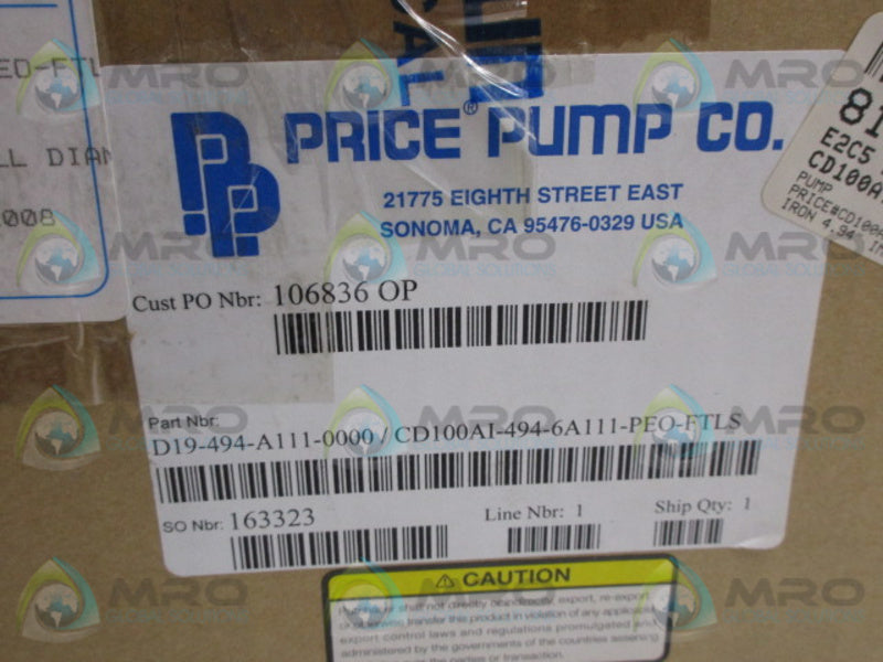 PRICE PUMP D19-494-A111 CD100AI-494-6A111-PEO-FTLS IMPELLER PUMP  NSMP