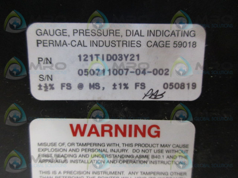 PERMA-CAL 121TID03Y21 PRESSURE GAUGE 0-60 PSI  NSMP