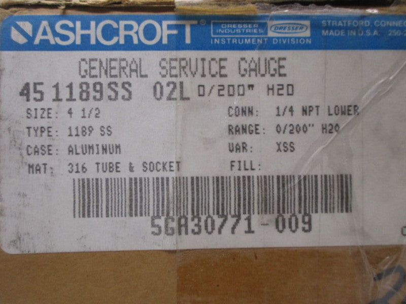 ASHCROFT 451189SS02L-200# DURAGUGE 0-200" WC  NSMP