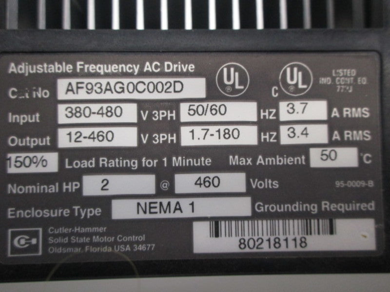 CUTLER HAMMER AF93AG0C002D ADJUSTABLE FREQUENCY AC DRIVE 2HP  UNMP