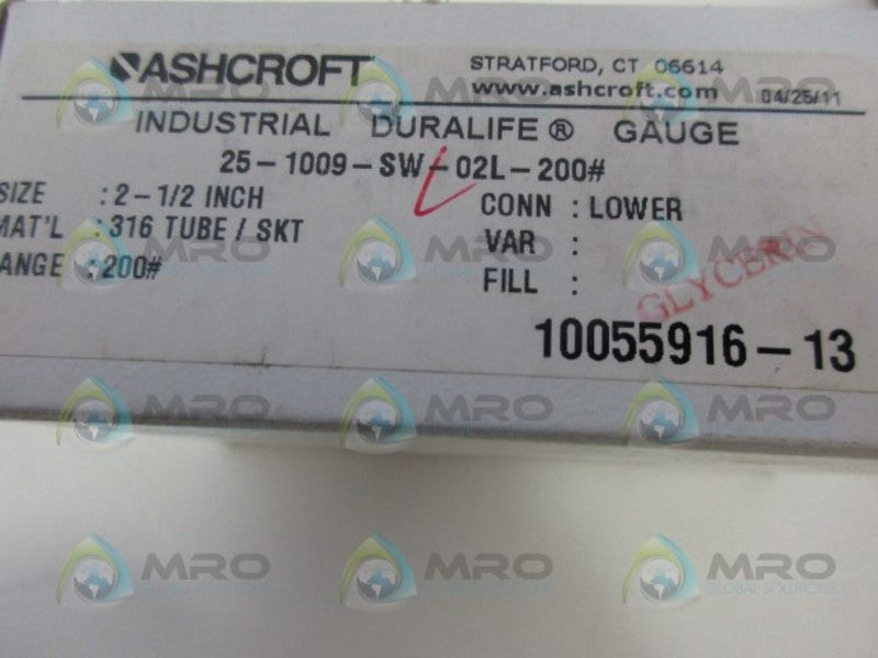 ASHCROFT 251009SW02L-200# PRESSURE GAUGE NSMP