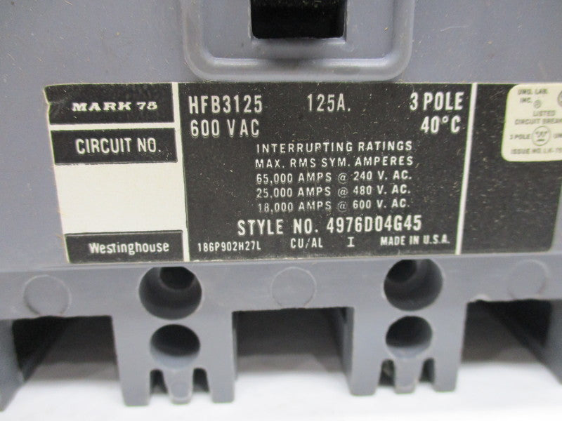 WESTINGHOUSE HFB3125 125A, 3P, 600VAC  NSNP IN  BOX