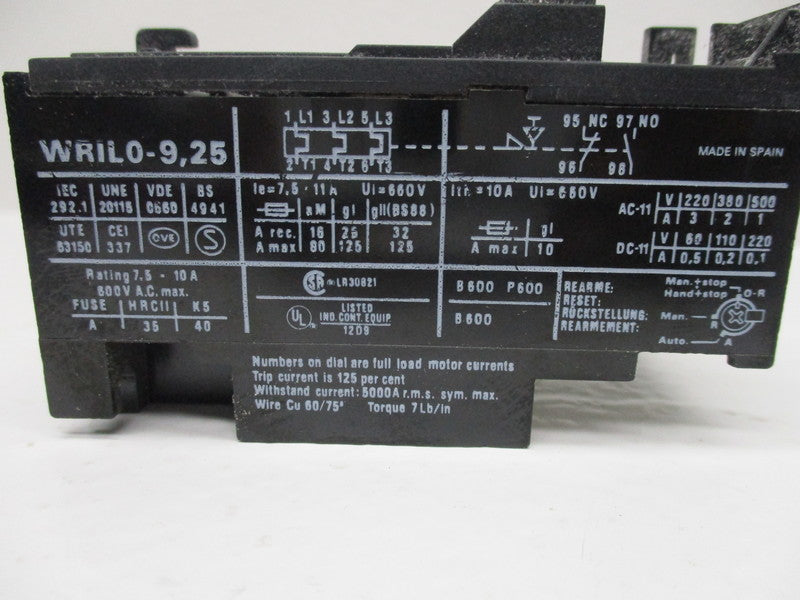WARD LEONARD WRIL0-9.25 OVERLOAD RELAY 7.5-11AMP  UNMP