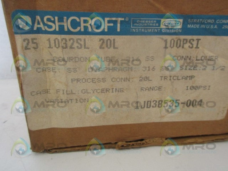 ASHCROFT 251032SL20L-100# PRESSURE GAUGE 100 PSI NSMP