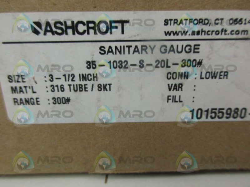 ASHCROFT 351032S20L-300# SANITARY GAUGE 0-300 PSI NSMP