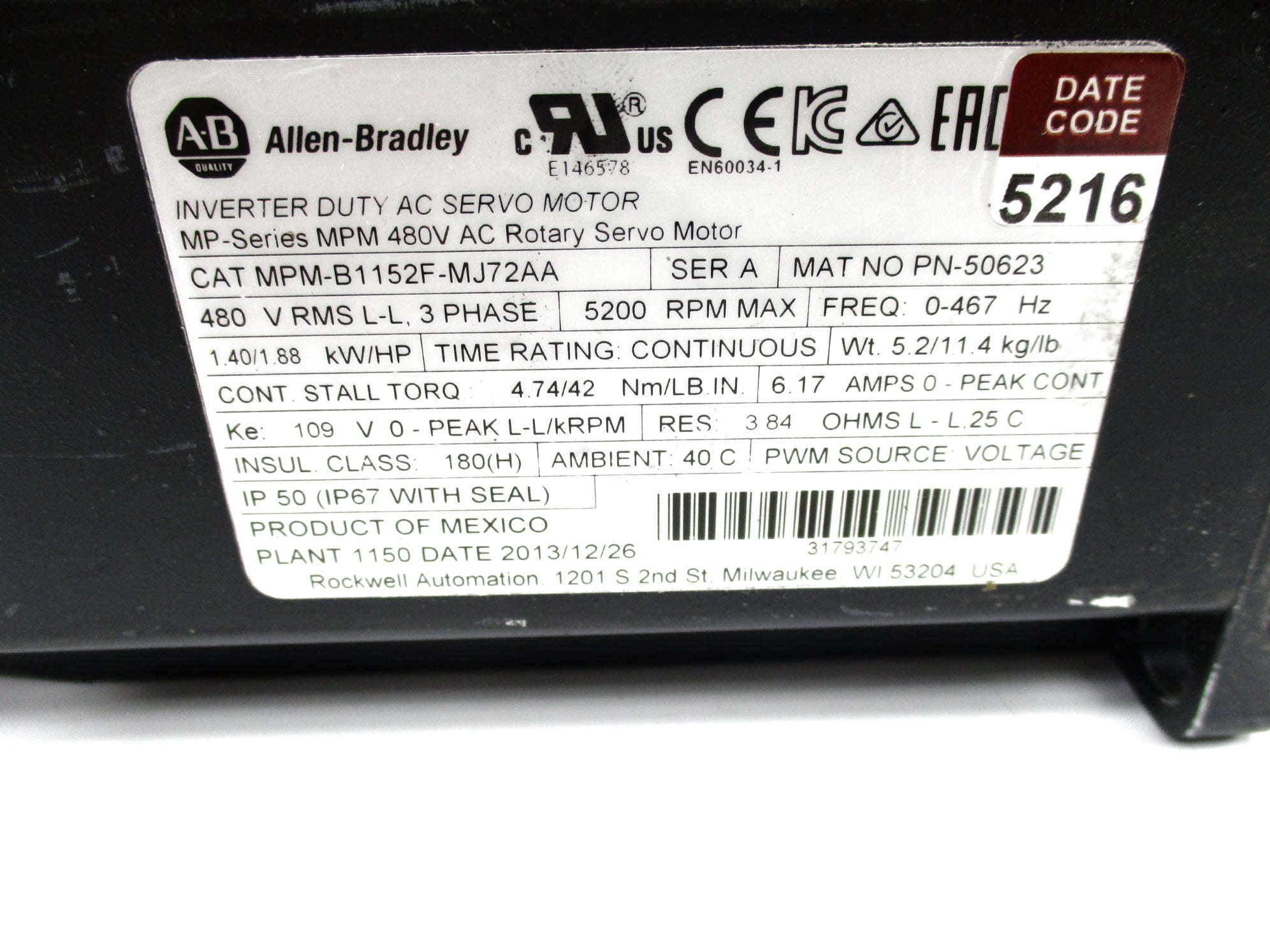 INDUSTRIAL SPARE PART MPM-B1152F-MJ72AA SER. A 480V 6.17A NSNP