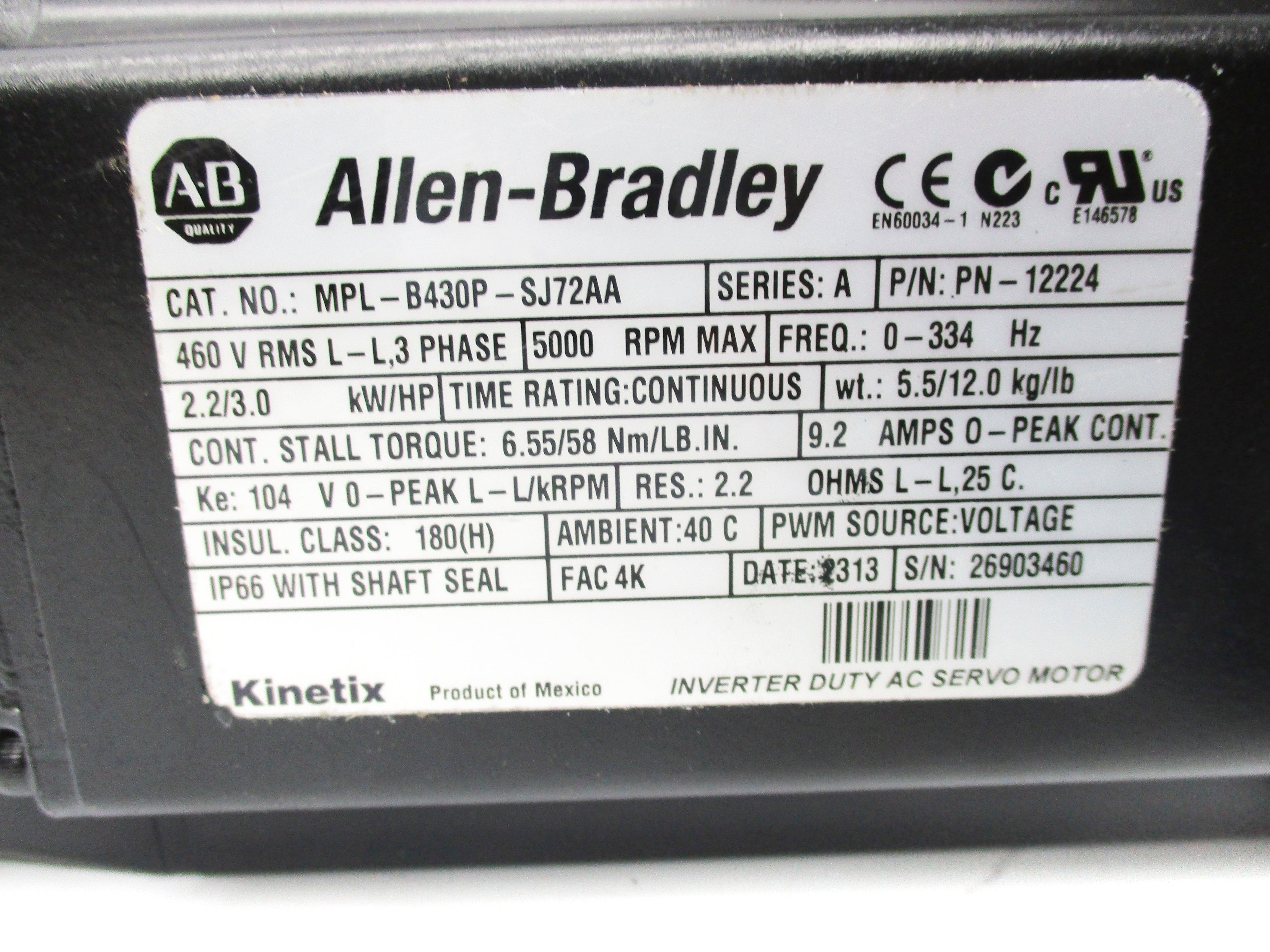 ALLEN BRADLEY MPL-B430P-SJ72AA SER. A 460V 9.2A NSNP