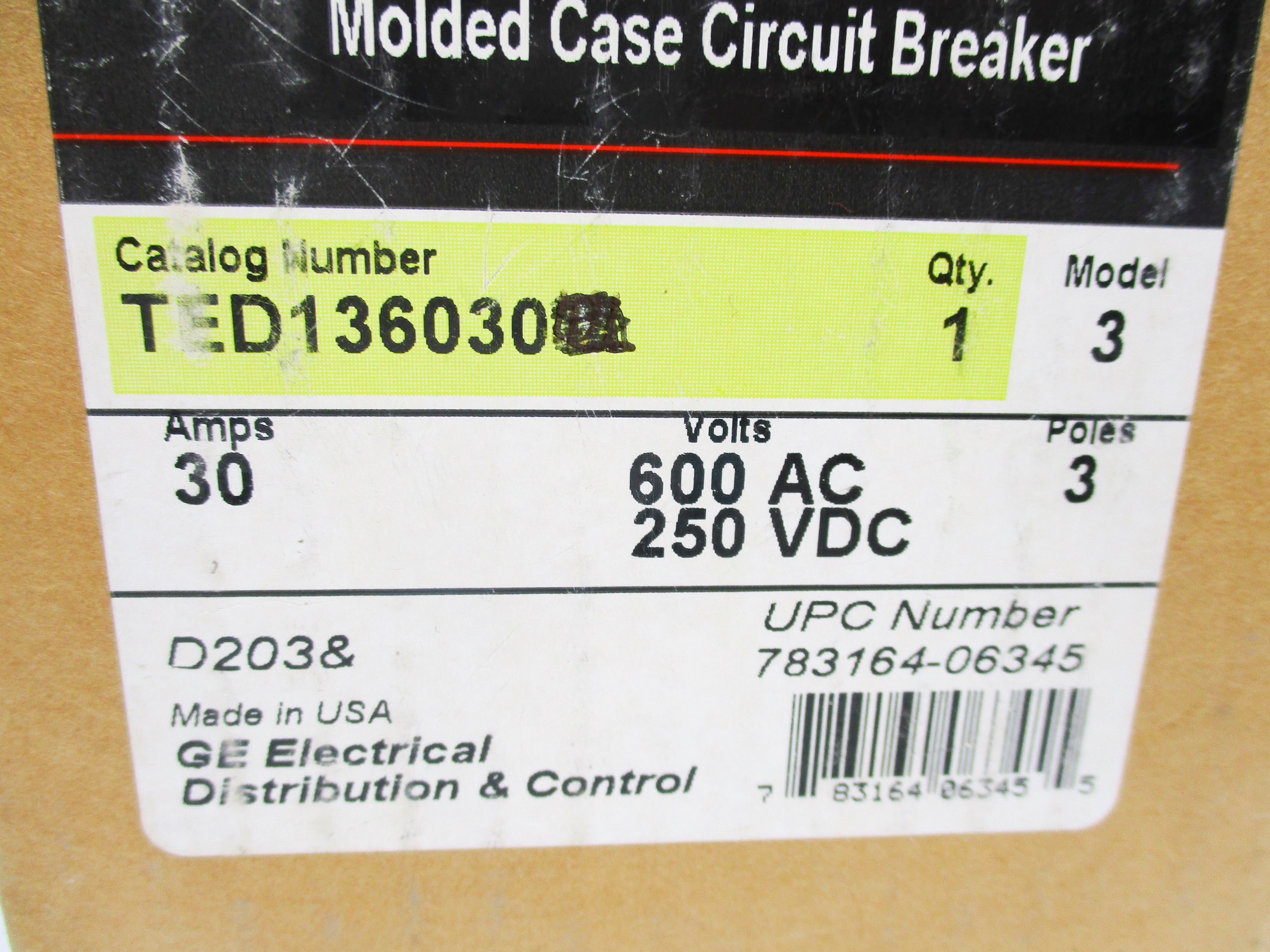 GENERAL ELECTRIC TED136030 600VAC 30A (GREEN) NSMP