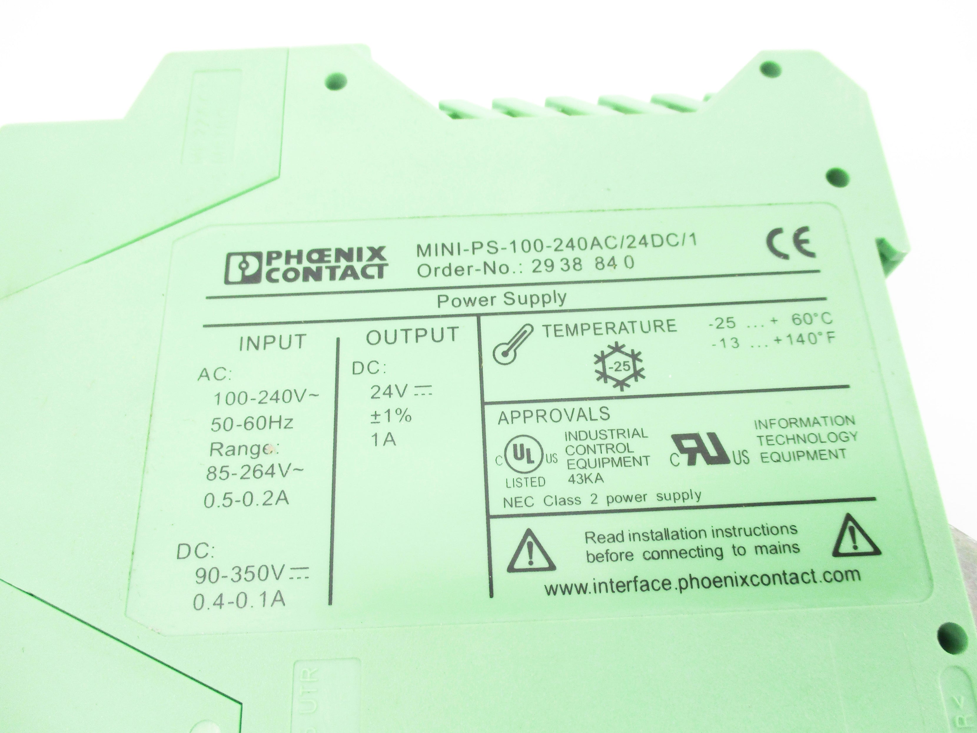 PHOENIX CONTACT MINI-PS-100-240AC/24DC/1 2938840 100-240V NSNP