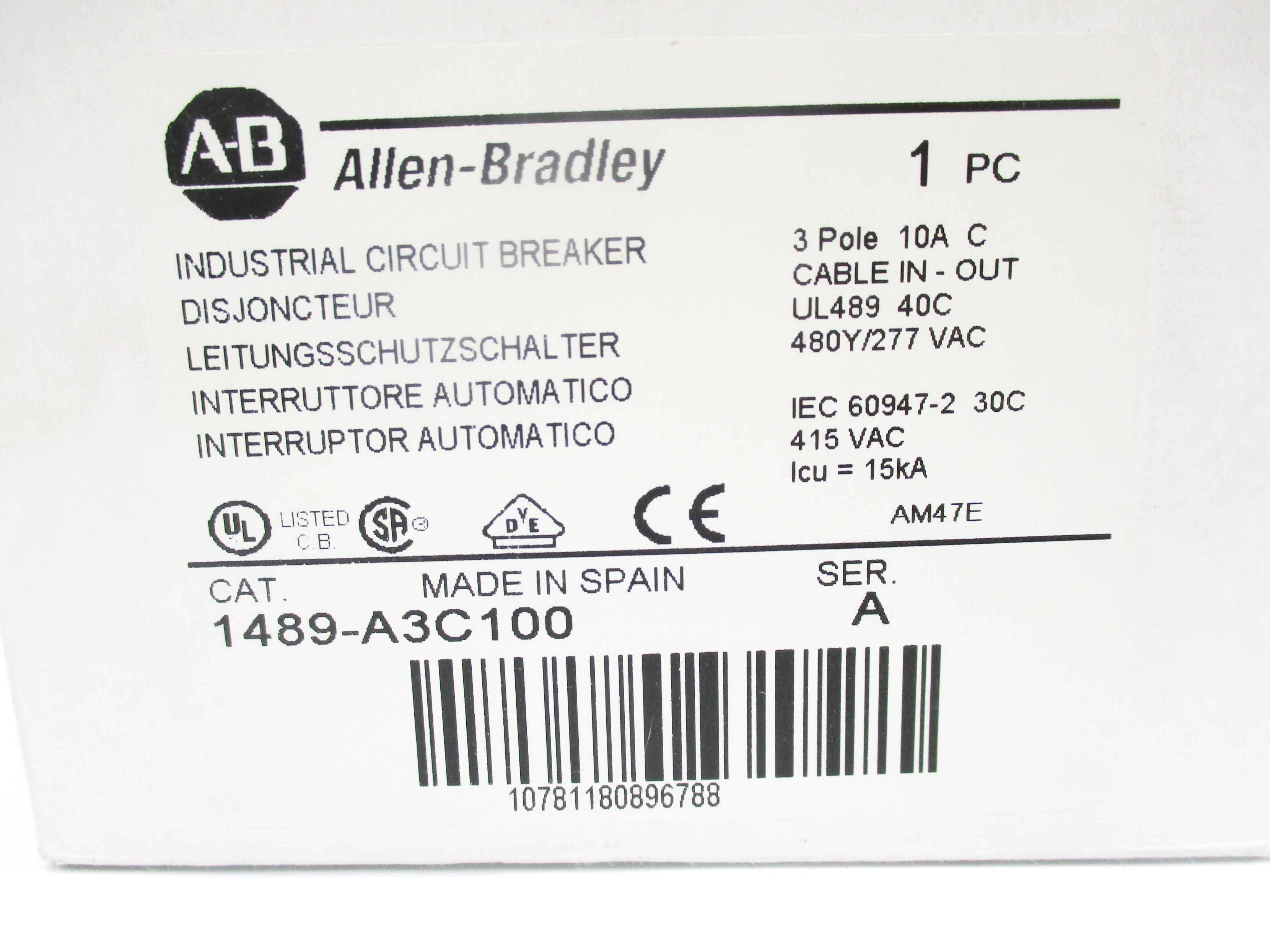 ALLEN BRADLEY 1489-A3C100 SER. A 480/277V 10A NSMP