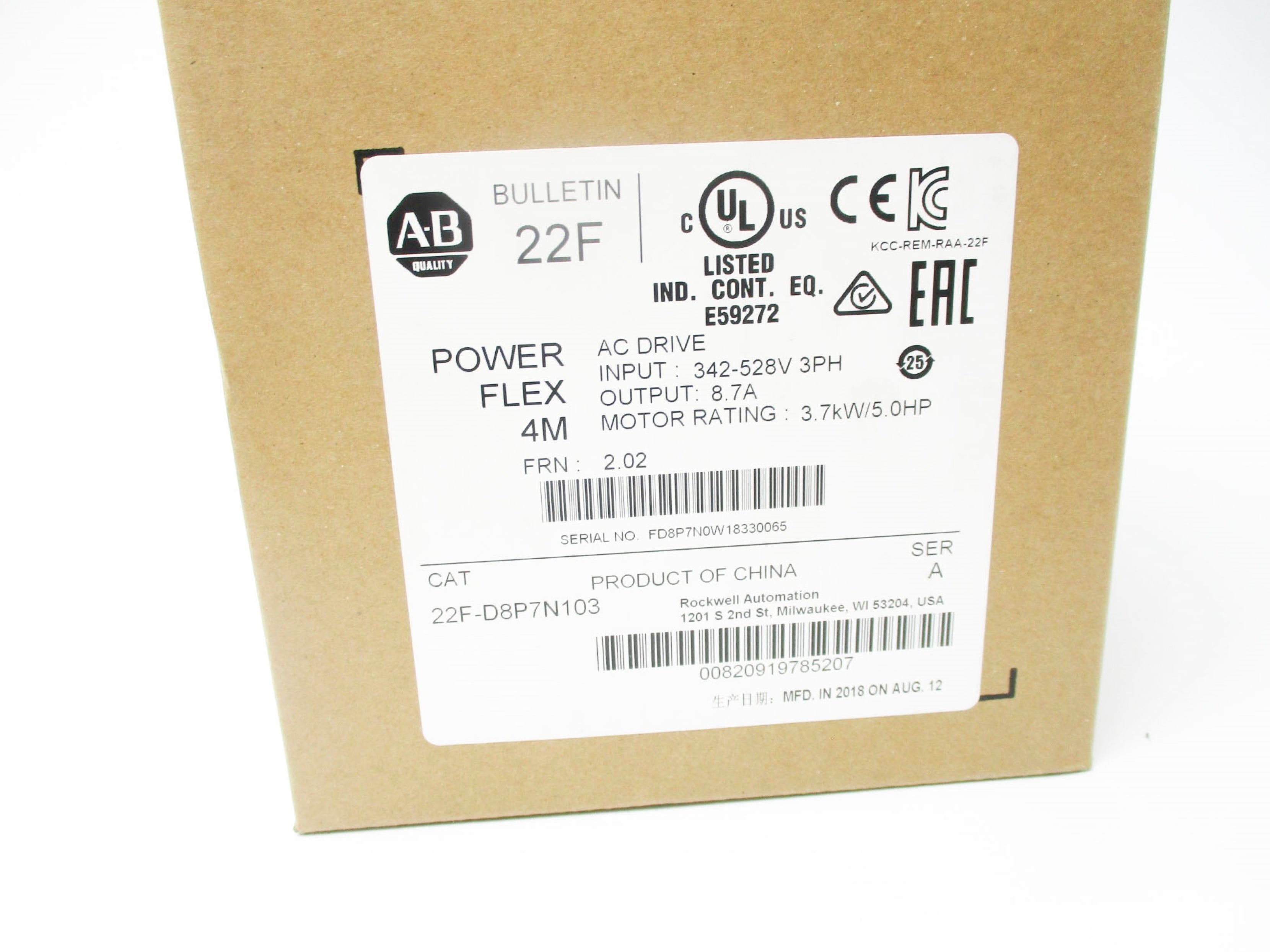 ALLEN BRADLEY 22F-D8P7N103 SER. A F/W 2.02 342-528VAC 8.3A NSMP