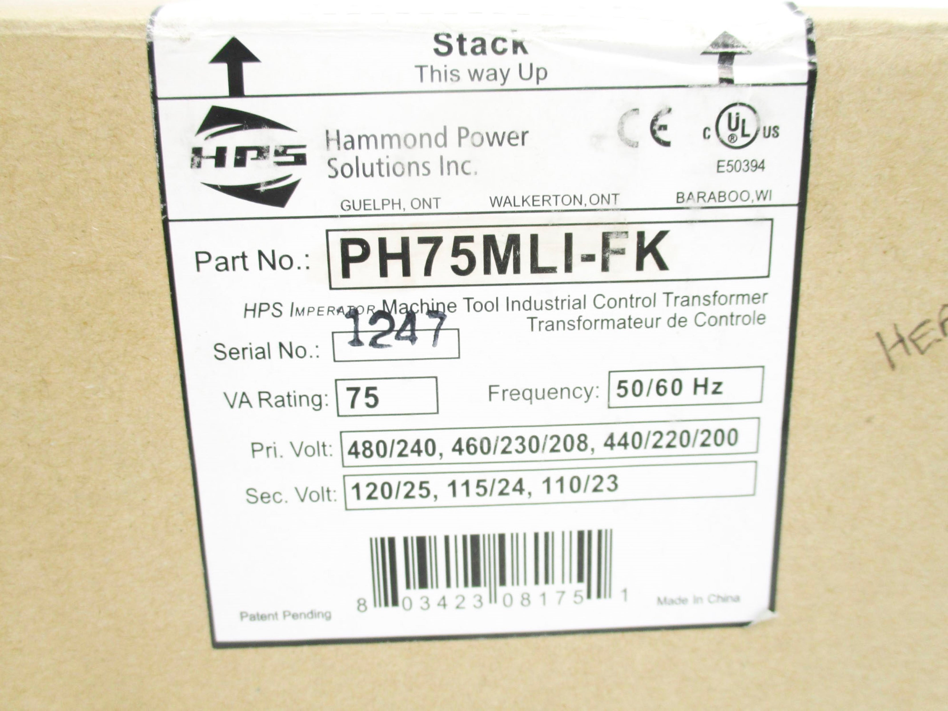 HAMMOND POWER SOLUTIONS PH75MLI-FK 480/240V NSMP