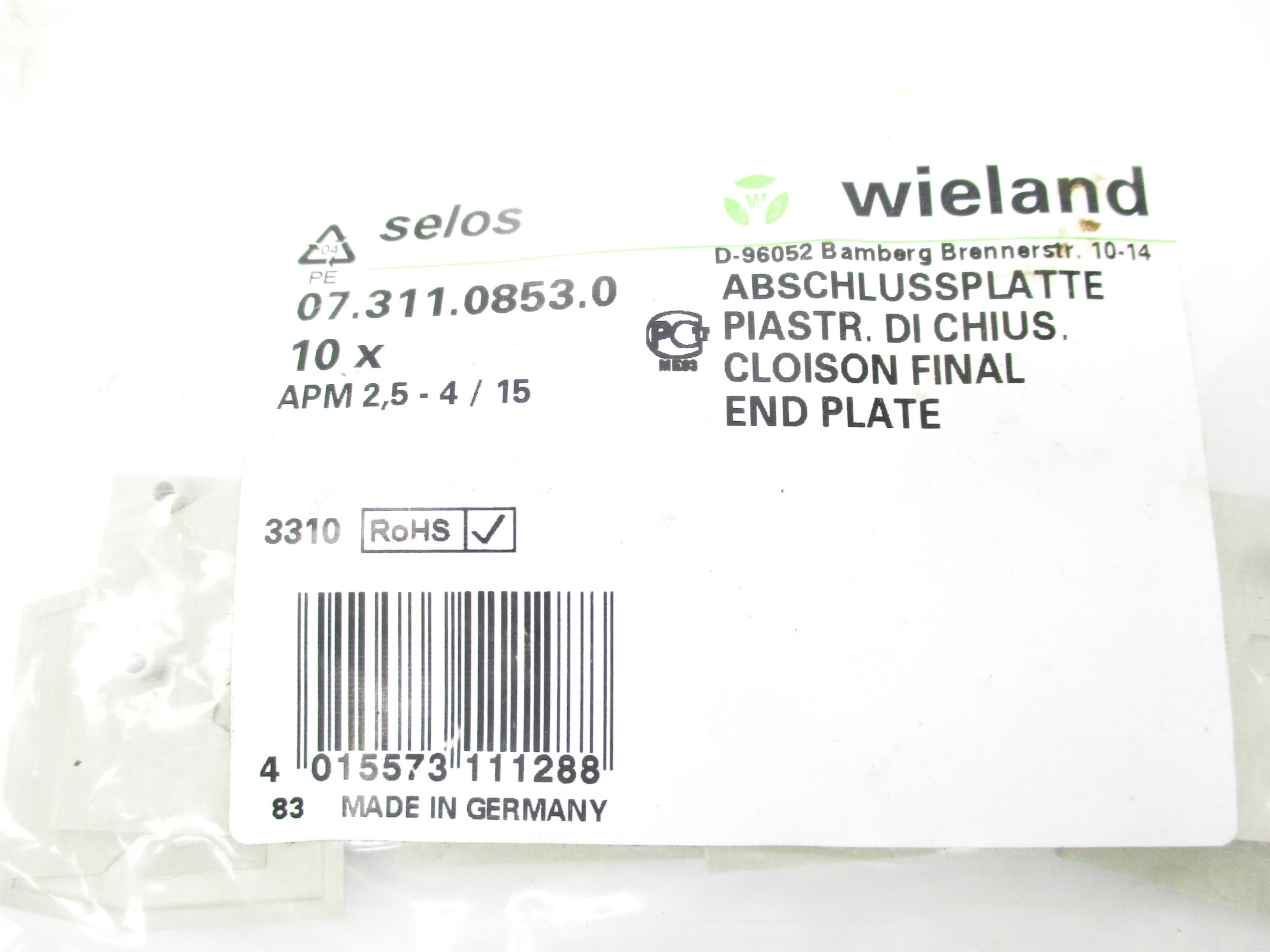 WIELAND 07.311.0853.0 (PKG OF 10) NSMP