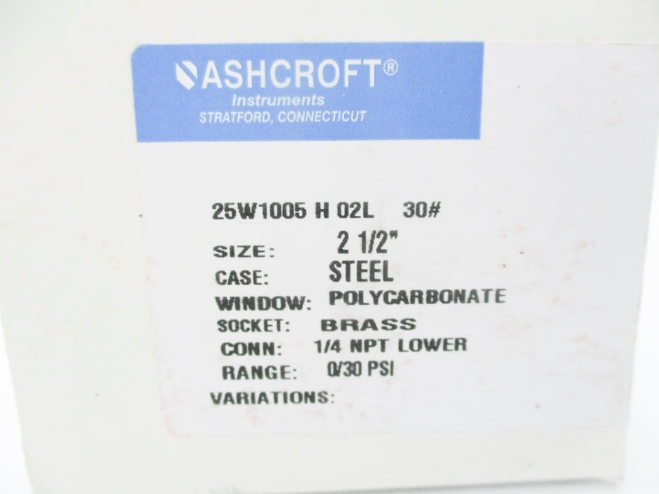 ASHCROFT 25W1005H02L30# 0-30PSI NSMP