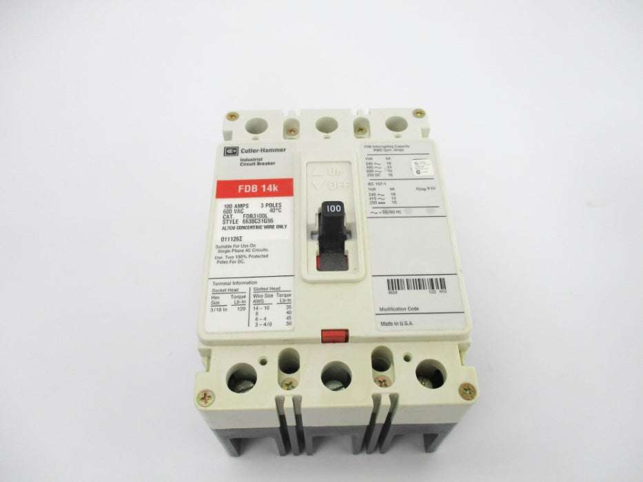 CUTLER HAMMER FDB3100L SER. C 6638C31G96 600VAC 100A NSMP