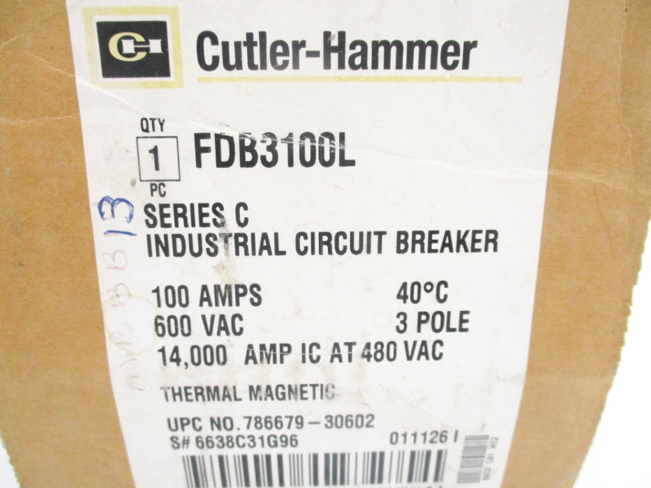 CUTLER HAMMER FDB3100L SER. C 6638C31G96 600VAC 100A NSMP