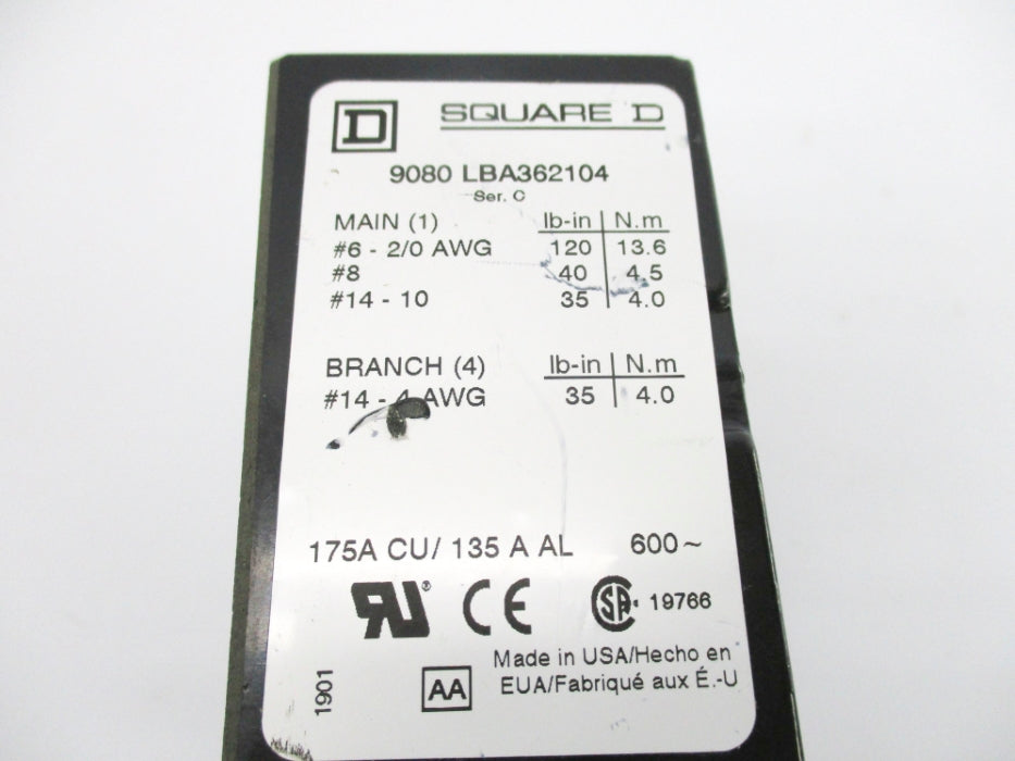 SQUARE D 9080LBA362104 SER. C 600V 175A NSNP