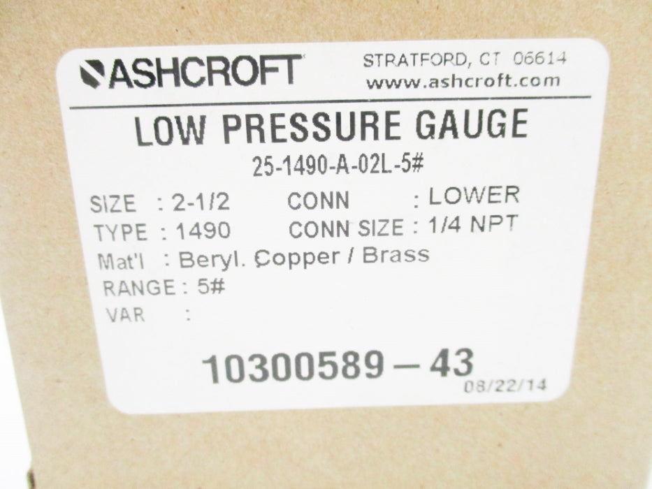 ASHCROFT 25-1490-A-02L-5# 0-5PSI 2-1/2" NSMP