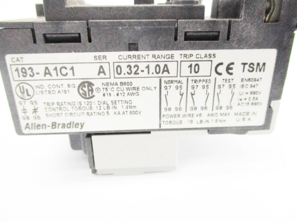 ALLEN BRADLEY 193-A1C1 SER. A 600V 0.32-1.0A (BR/WH) NSMP