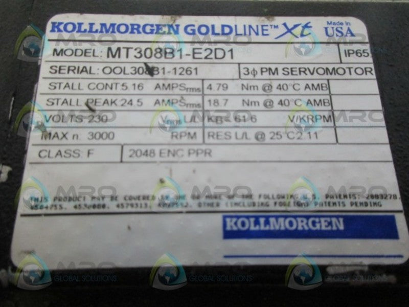 KOLLMORGEN MT308B1-E2D1 SERVO MOTOR UNMP+H36H3HH2:H38