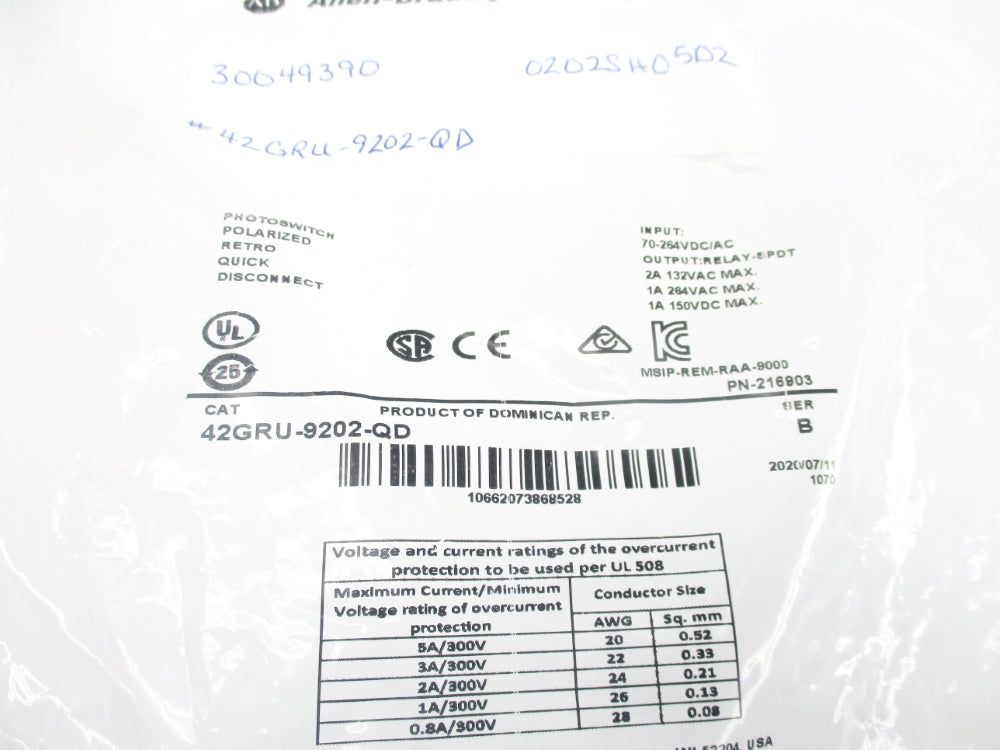 ALLEN BRADLEY 42GRU-9202-QD SER. B 70-264VDC/AC 1A NSMP