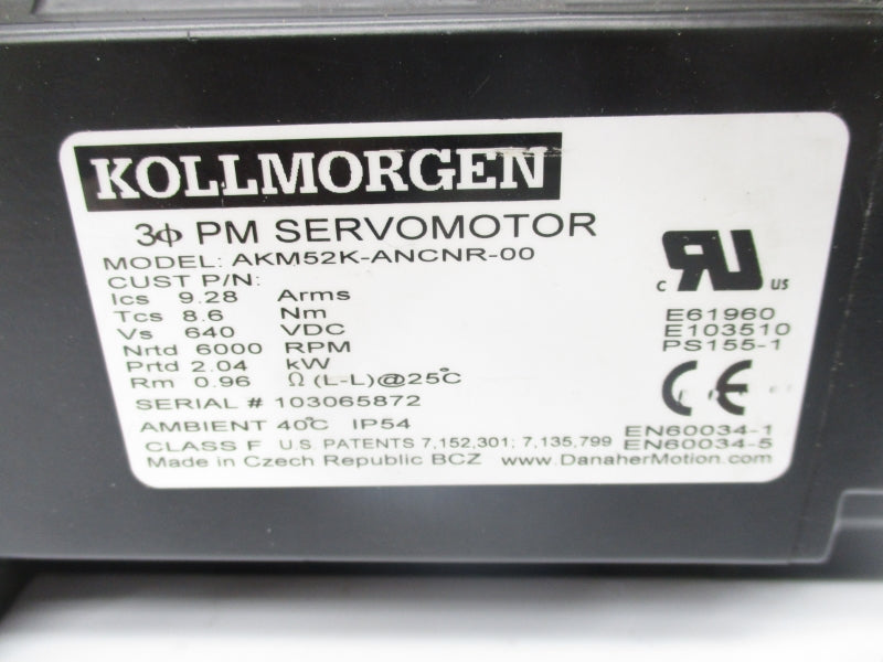 KOLLMORGEN AKM52K-ANCNR-00 640VDC 6000RPM UNMP
