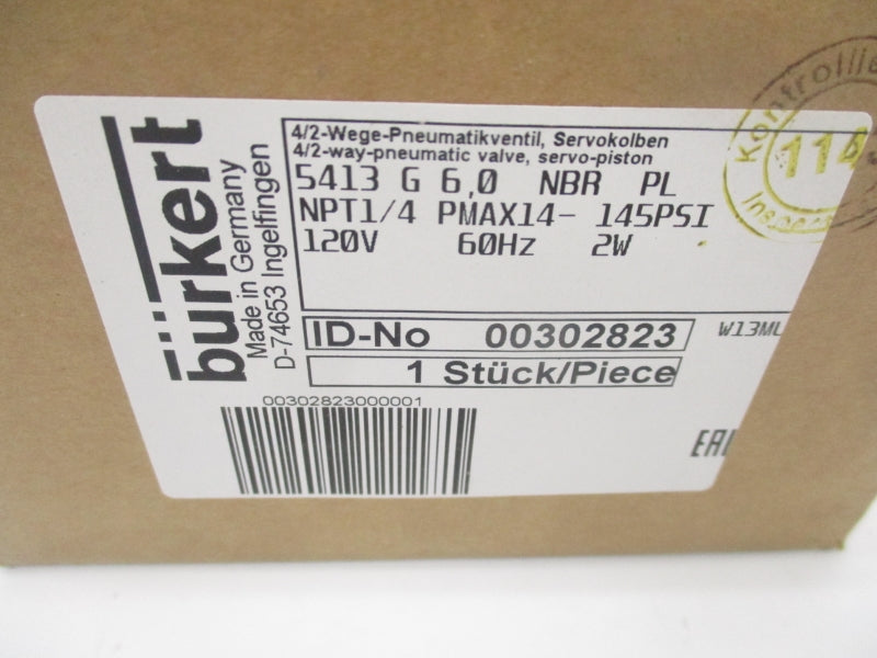 BURKERT 5413G6,0NBRPL 00302823 120V 145PSI NSMP