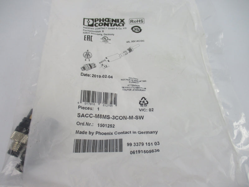 PHOENIX CONTACT SACC-M8MS-3CON-M-SW 1501252 30VAC/DC 4A NSMP
