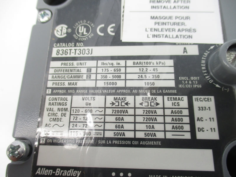 ALLEN BRADLEY 836T-T303J SER. A 120-600V 60A 350-5000PSI NSNP