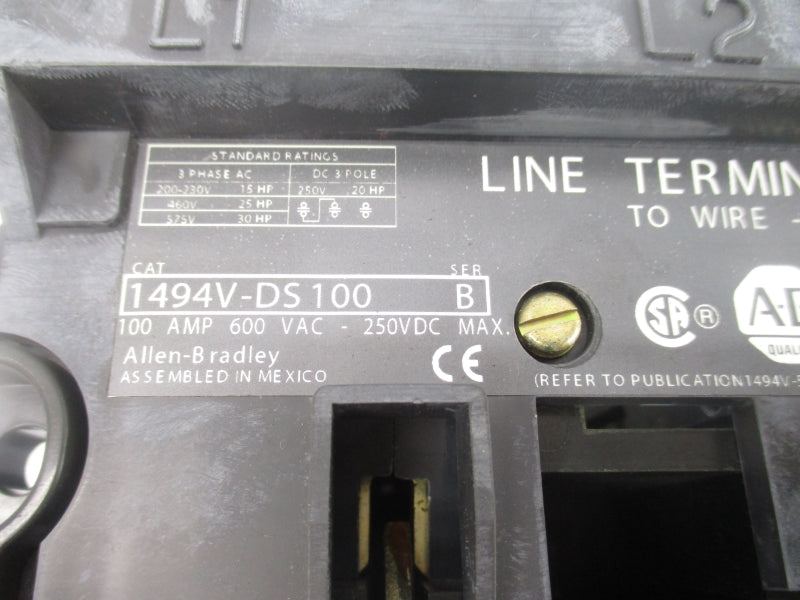 ALLEN BRADLEY 1494V-DS100 SER. B 600VAC 100A NSNP