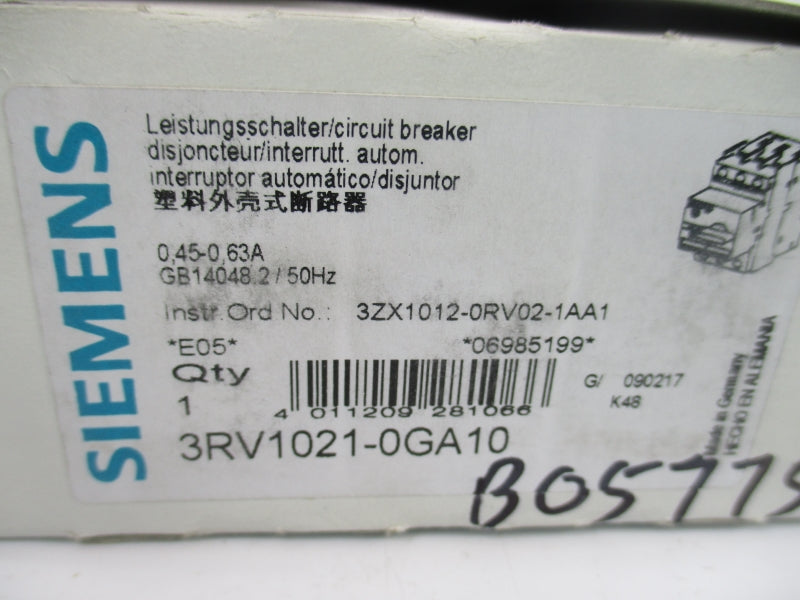 SIEMENS 3RV1021-0GA10 690V 0.45-0.63A NSMP