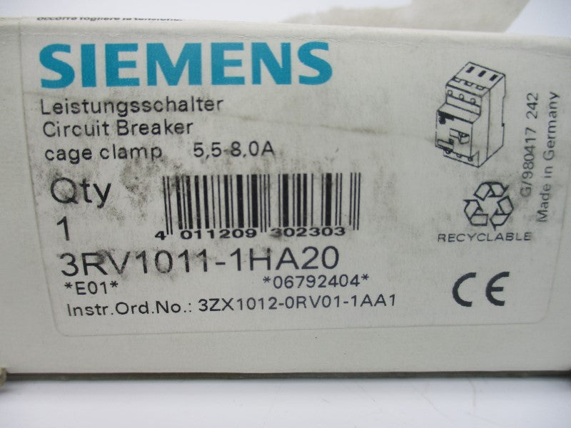 SIEMENS 3RV1011-1HA20 600VAC 5.5-8A NSMP