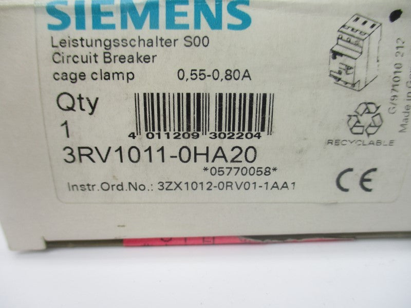 SIEMENS 3RV1011-0HA20 277V 0.55-0.8A NSMP