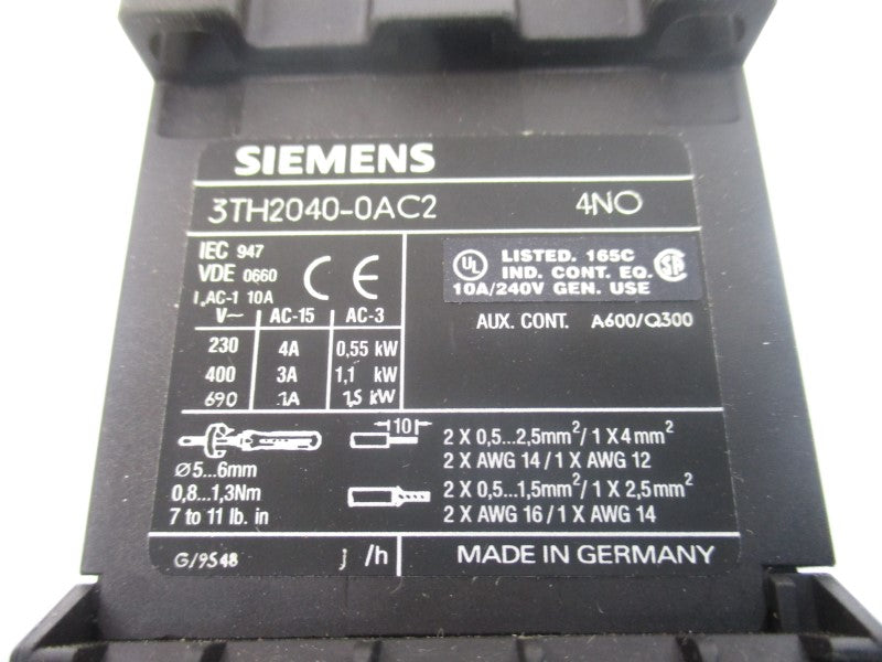 SIEMENS 3TH2040-0AC2 24VAC 10A NSNP