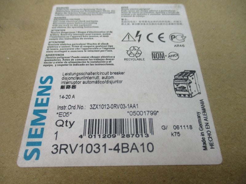 SIEMENS 3RV1031-4BA10 600V 14-20A NSMP