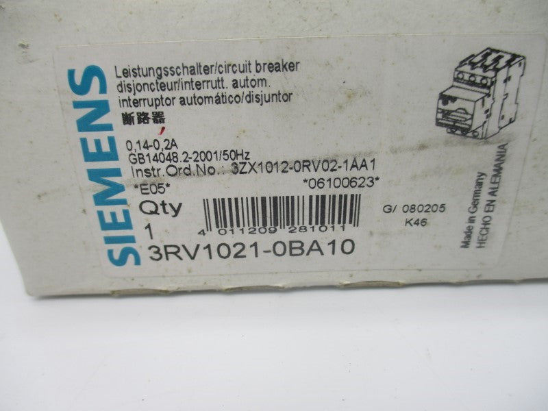 SIEMENS 3RV1021-0BA10 600V 0.14-0.2A NSMP