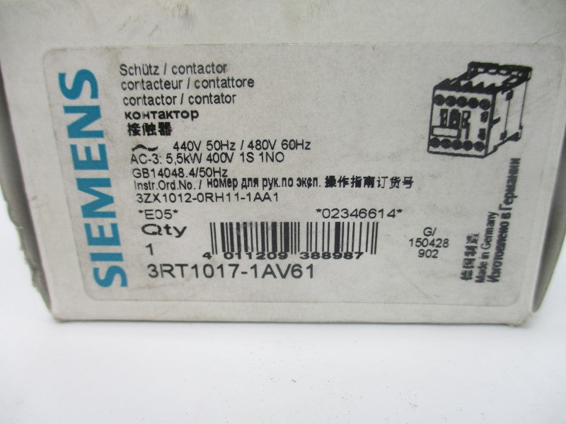 SIEMENS 3RT1017-1AV61 440/480V 20A NSMP