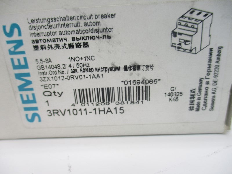 SIEMENS 3RV1011-1HA15 600V 5.5-8A NSMP