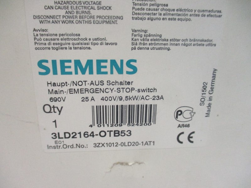 SIEMENS 3LD2164-OTB53 690V 25A NSMP