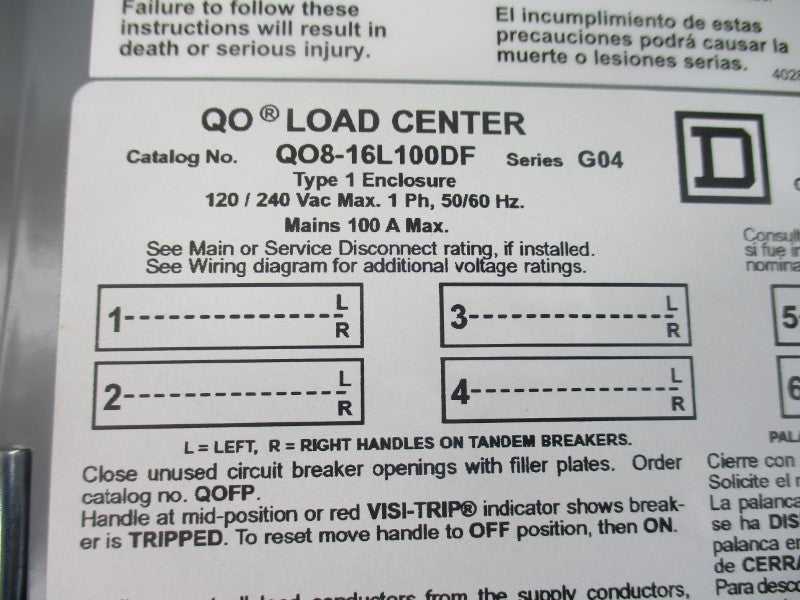 SQUARE D QO816L100DF SER. G04 120/240V 100A NSNP