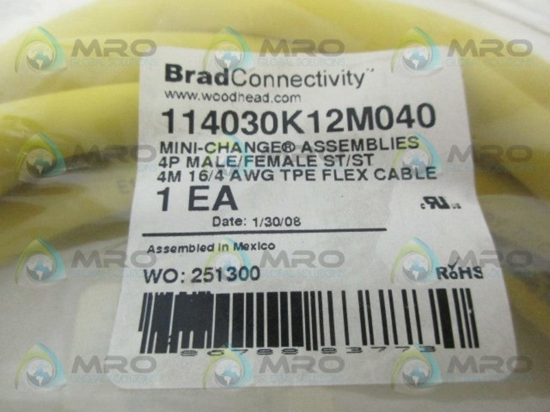 DANIEL WOODHEAD 114030K12M040 4P MALE/FEMALE FLEX CABLE  *NEW IN FACTORY BAG*