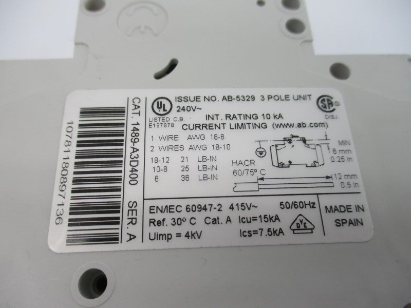 ALLEN BRADLEY 1489-A3D400 SER. A 240V 40A NSNP